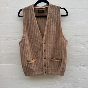 Puritan Sportswear Cardigan Vest Large Tan Vintage Ribbed Knit Suede Trim Mens